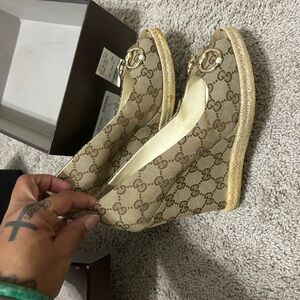 Gucci Monogram Tan Wedge Shoes